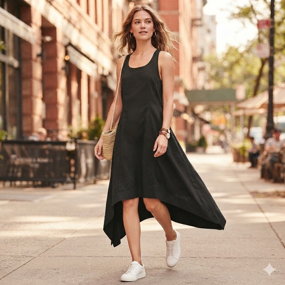 Kenneth Cole High‎ Low Midi Dress Sleeveless Racerback Black Medium